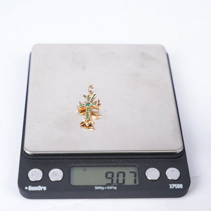 CHROME HEARTS EMERALD TINY CROSS 22K GOLD PENDANT