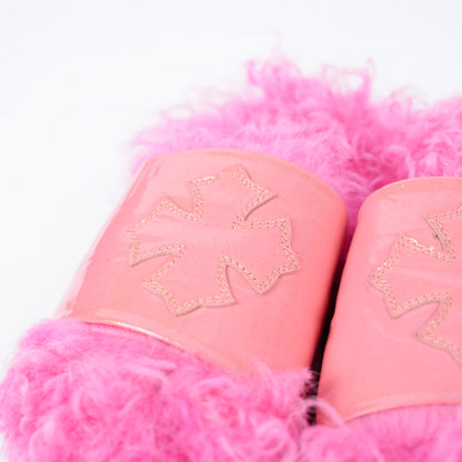 CHROME HEARTS PINK PATENT LEATHER FURRY SLIDES