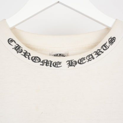 CHROME HEARTS VINTAGE WHITE FADED HORSESHOE CROSS NECK SCRIPT POCKET TEE