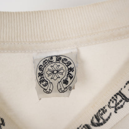 CHROME HEARTS VINTAGE WHITE FADED HORSESHOE CROSS NECK SCRIPT POCKET TEE