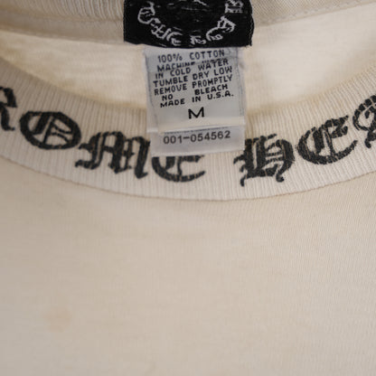 CHROME HEARTS VINTAGE WHITE FADED HORSESHOE CROSS NECK SCRIPT POCKET TEE