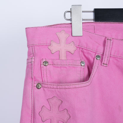 CHROME HEARTS PINK SEX RECORDS CROSS PATCH JEANS