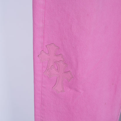 CHROME HEARTS PINK SEX RECORDS CROSS PATCH JEANS