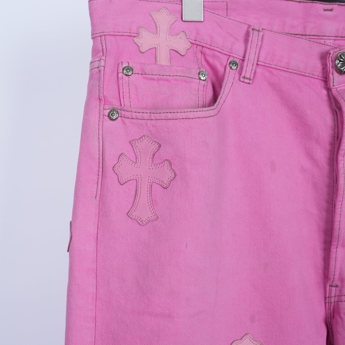 CHROME HEARTS PINK SEX RECORDS CROSS PATCH JEANS