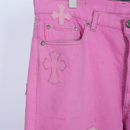 CHROME HEARTS PINK SEX RECORDS CROSS PATCH JEANS