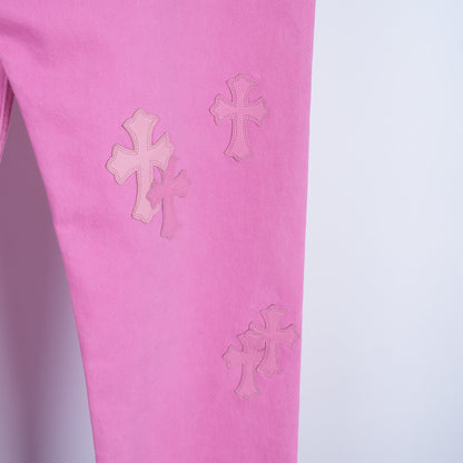 CHROME HEARTS PINK SEX RECORDS CROSS PATCH JEANS