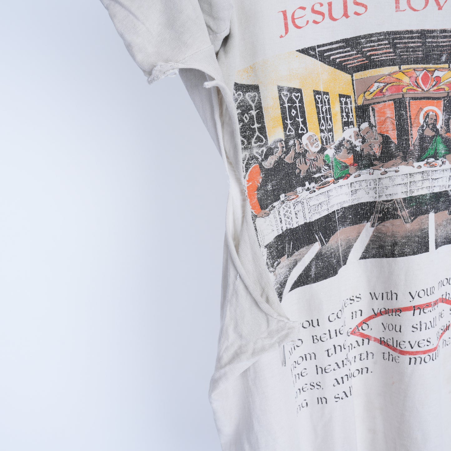 VINTAGE THRASHED BOXY JESUS LOVES YOU LAST SUPPER T-SHIRT