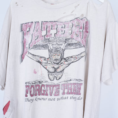 VINTAGE THRASHED JESUS FATHER FORGIVE THEM FADED WHITE T-SHIRT