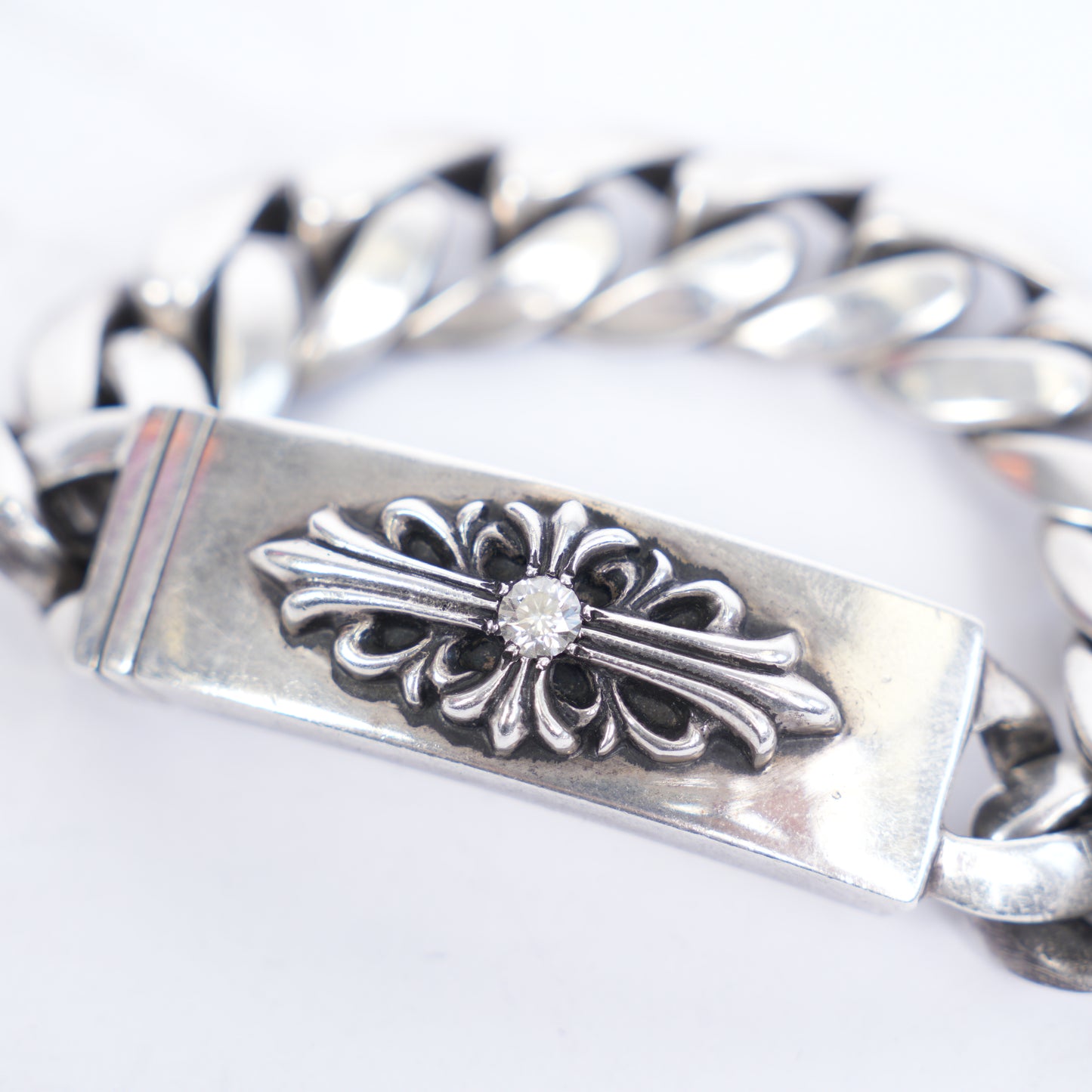 CHROME HEARTS FLORAL CROSS ID BRACELET WITH DIAMOND