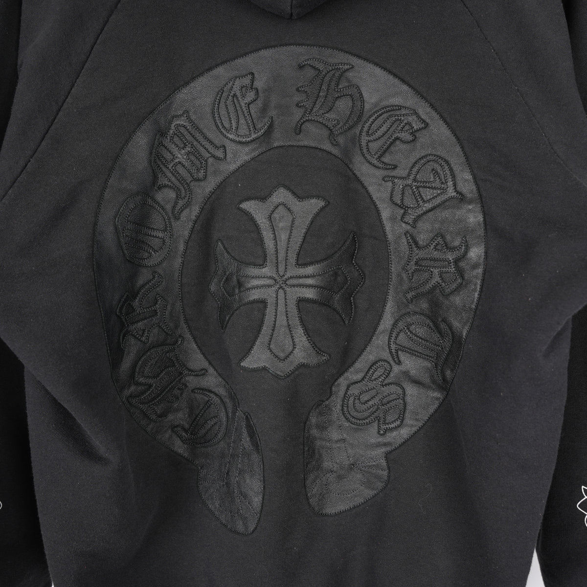 CHROME HEARTS VINTAGE LEATHER HORSESHOE PATCH FLORAL CROSS HOODIE