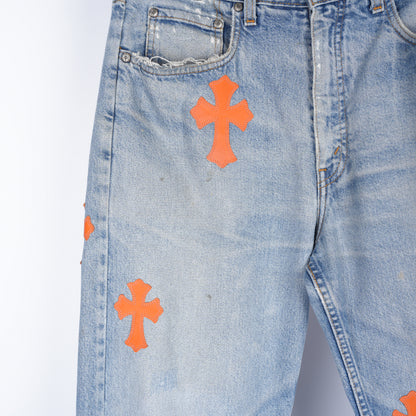 CHROME HEARTS FLOODED ORANGE PATCH LIGHT WASH LEVIS DENIM