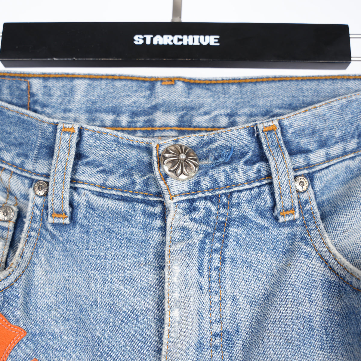 CHROME HEARTS FLOODED ORANGE PATCH LIGHT WASH LEVIS DENIM