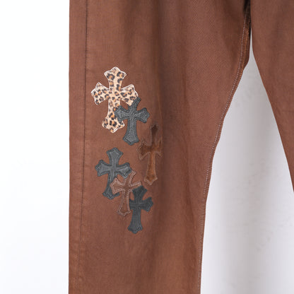 CHROME HEARTS 2021 NYFW BROWN CHEETAH CROSS PATCH JEANS