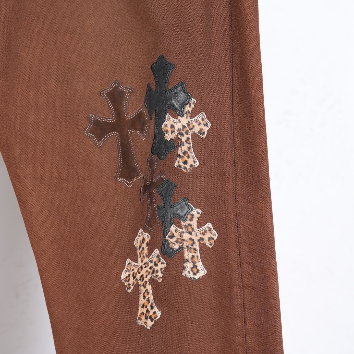 CHROME HEARTS 2021 NYFW BROWN CHEETAH CROSS PATCH JEANS