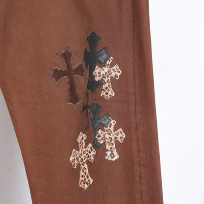 CHROME HEARTS 2021 NYFW BROWN CHEETAH CROSS PATCH JEANS