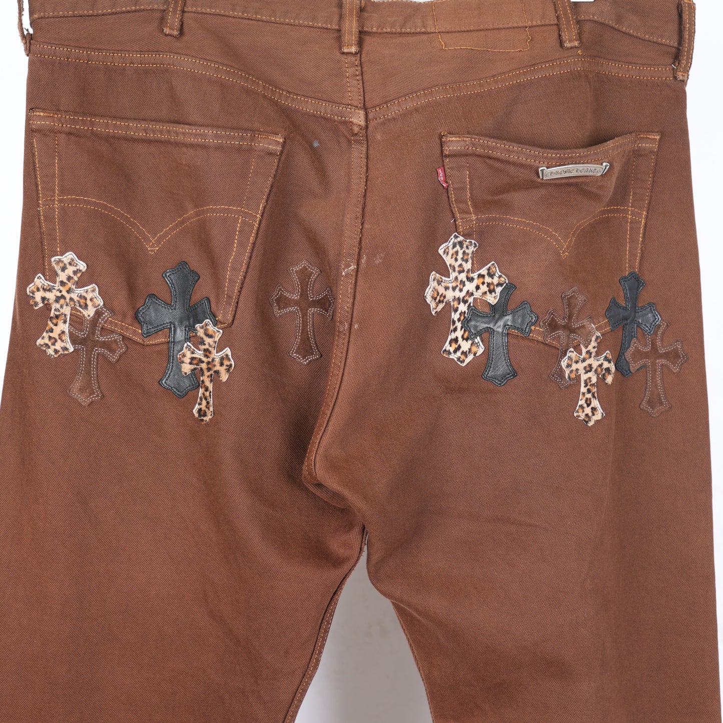 CHROME HEARTS 2021 NYFW BROWN CHEETAH CROSS PATCH JEANS