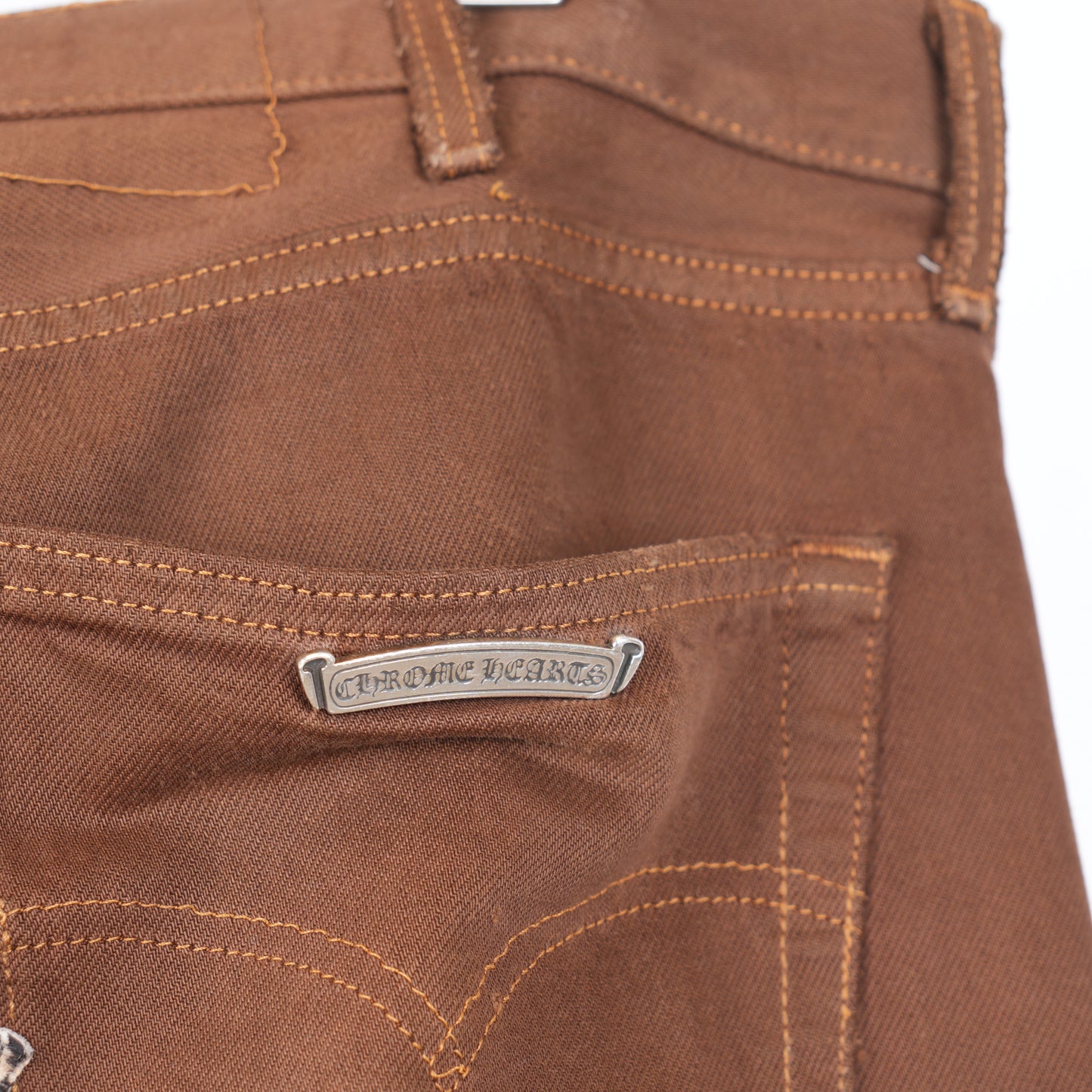 CHROME HEARTS 2021 NYFW BROWN CHEETAH CROSS PATCH JEANS