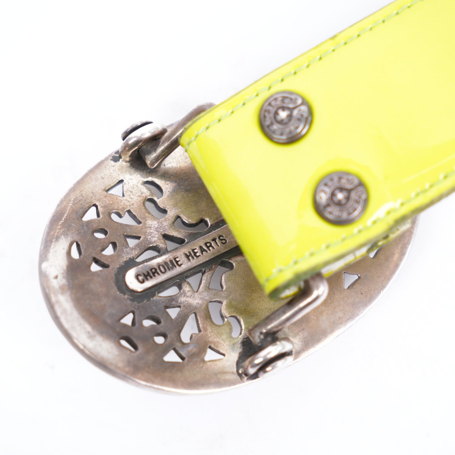 CHROME HEARTS OVAL BELT WITH PATENT LEATHER LIME GREEN STRAP