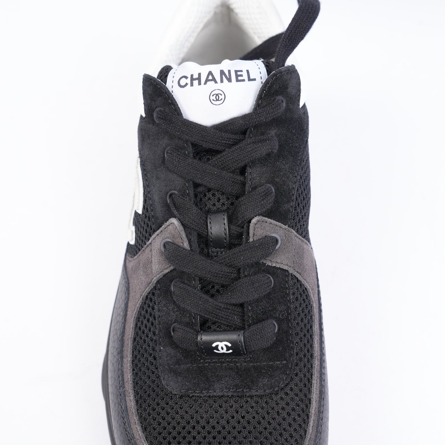 Chanel White Mesh Suede Calfskin Men's CC Trainer Sneakers