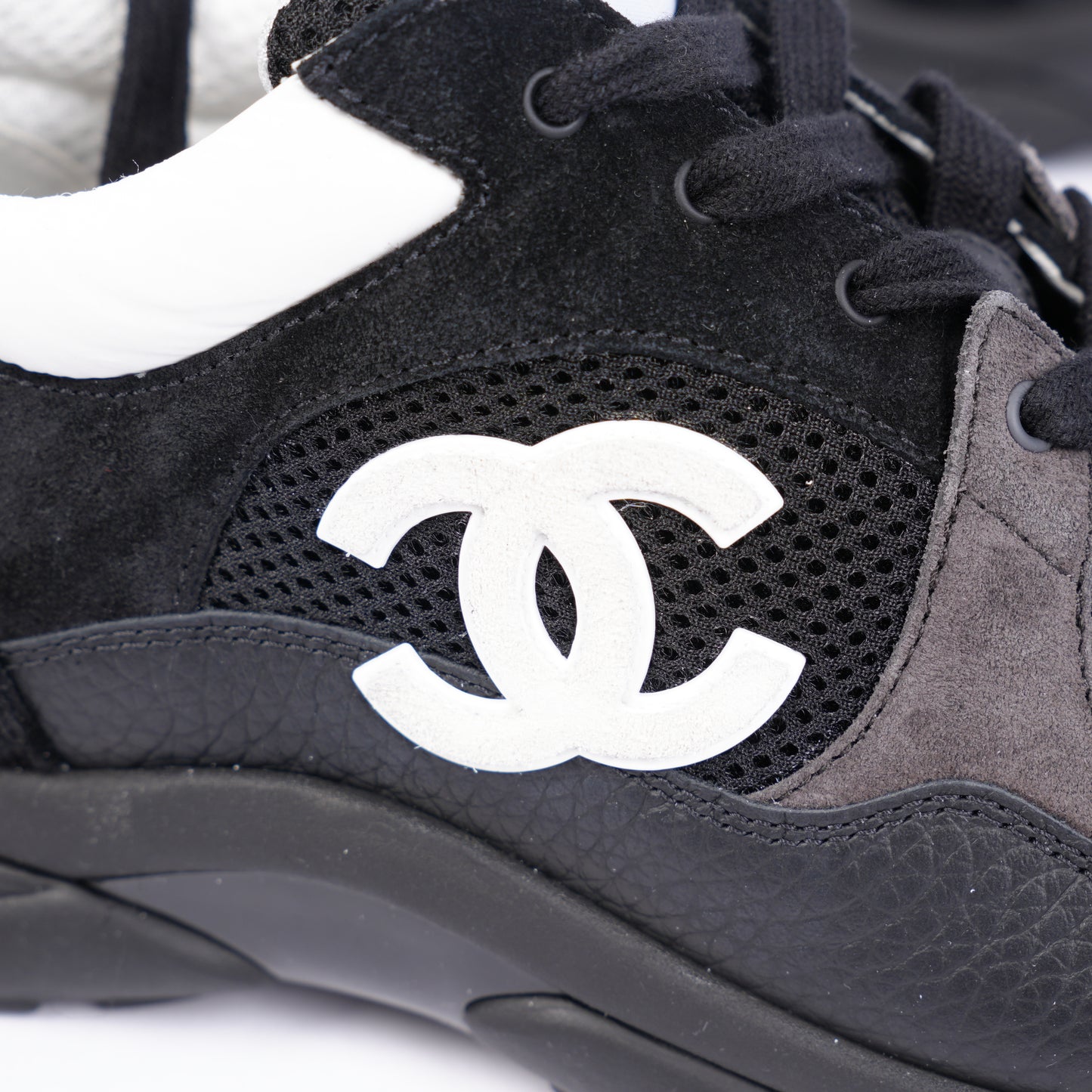 Chanel White Mesh Suede Calfskin Men's CC Trainer Sneakers