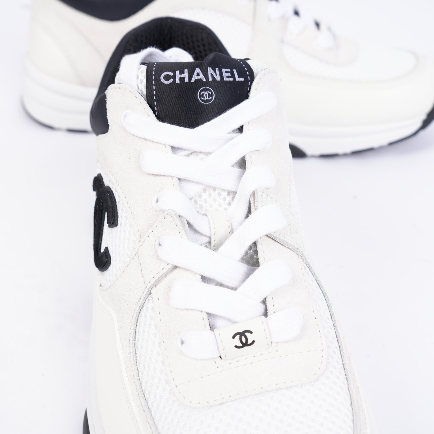 Chanel White Mesh Suede Calfskin Men's CC Trainer Sneakers
