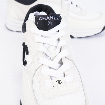 Chanel White Mesh Suede Calfskin Men's CC Trainer Sneakers