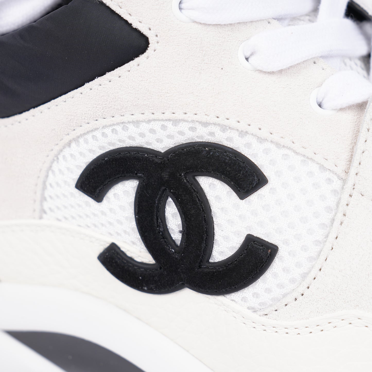 Chanel White Mesh Suede Calfskin Men's CC Trainer Sneakers