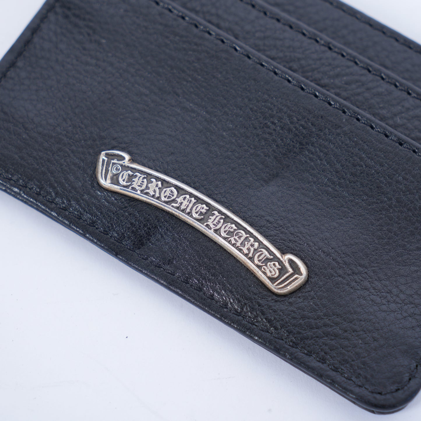 BLACK CHROME HEARTS LEATHER SCROLL CARD HOLDER