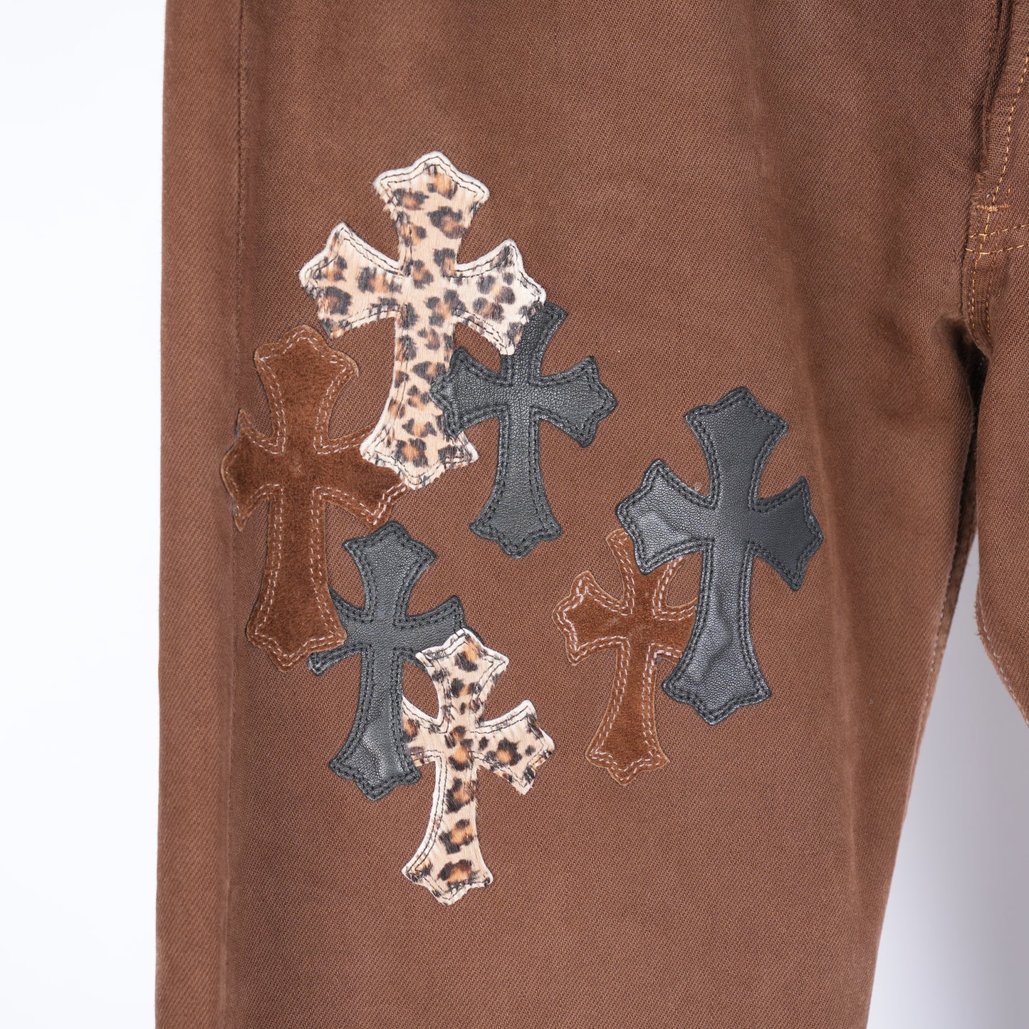 CHROME HEARTS BROWN NYFW CHEETAH PATCH JEANS