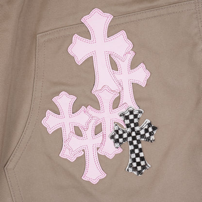 TAN/PINK CROSS PATCH CARPENTER PANTS