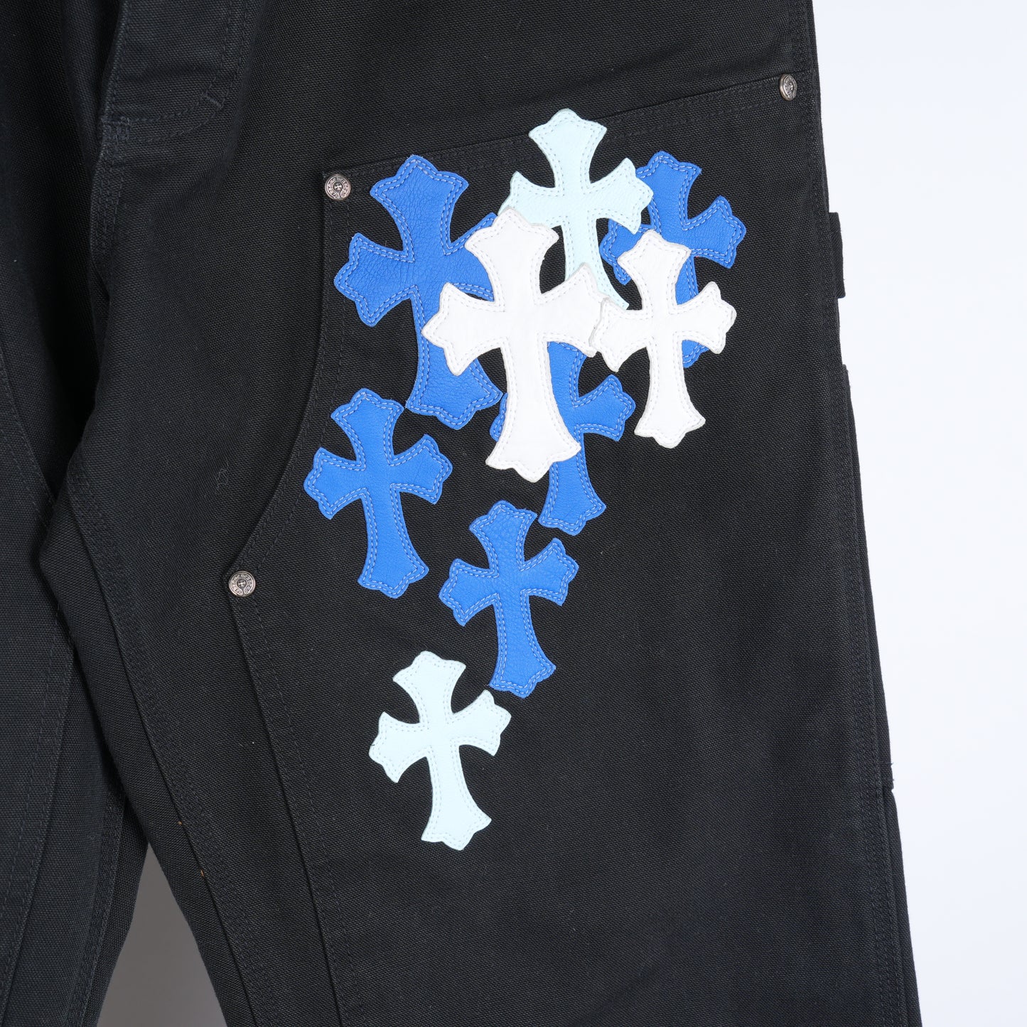 CHROME HEARTS 1/1 BLUE AND WHITE PATCH BLACK CARPENTERS PANTS