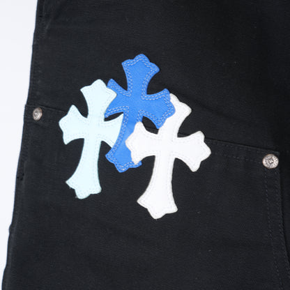 CHROME HEARTS 1/1 BLUE AND WHITE PATCH BLACK CARPENTERS PANTS