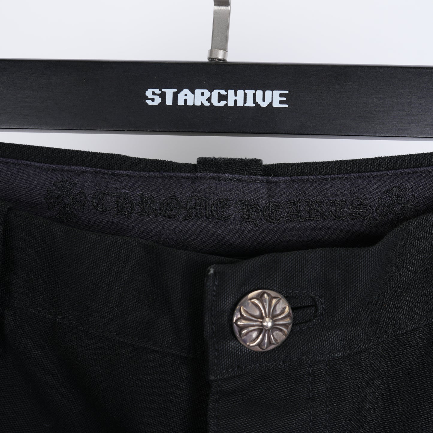 CHROME HEARTS 1/1 BLUE AND WHITE PATCH BLACK CARPENTERS PANTS