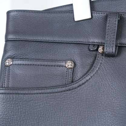 CHROME HEARTS HEAVY BLACK LEATHER FLEUR KNEE PANTS