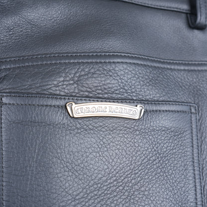 CHROME HEARTS HEAVY BLACK LEATHER FLEUR KNEE PANTS