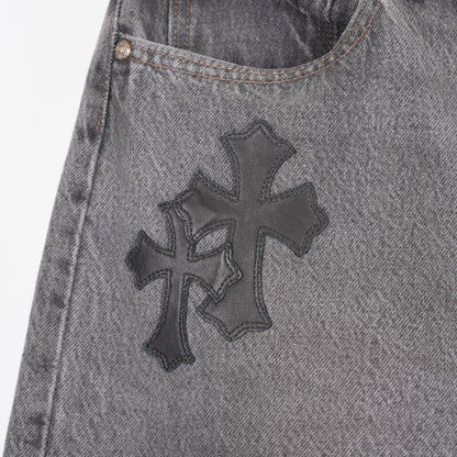 CHROME HEARTS BLACK CROSS PATCH 501 GREY LEVI'S DENIM