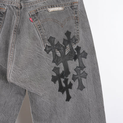 CHROME HEARTS BLACK CROSS PATCH 501 GREY LEVI'S DENIM