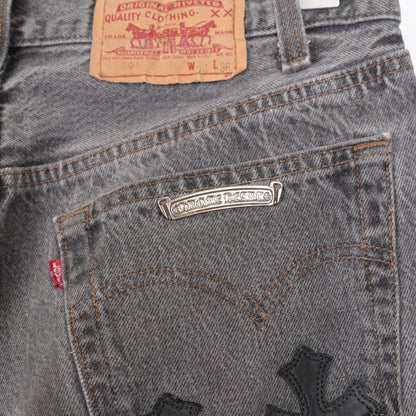 CHROME HEARTS BLACK CROSS PATCH 501 GREY LEVI'S DENIM