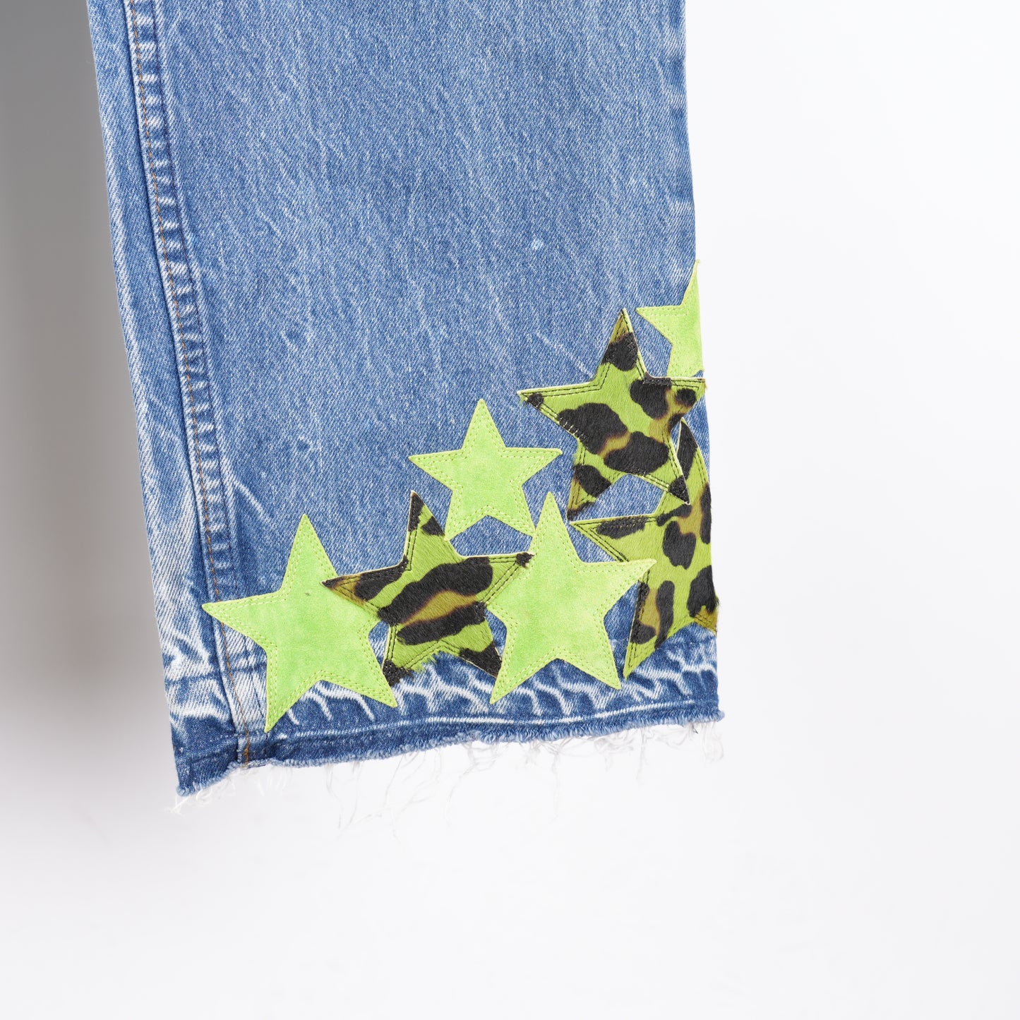 CHROME HEARTS ST BARTH'S GREEN CHEETAH STAR PATCH LEVIS DENIM