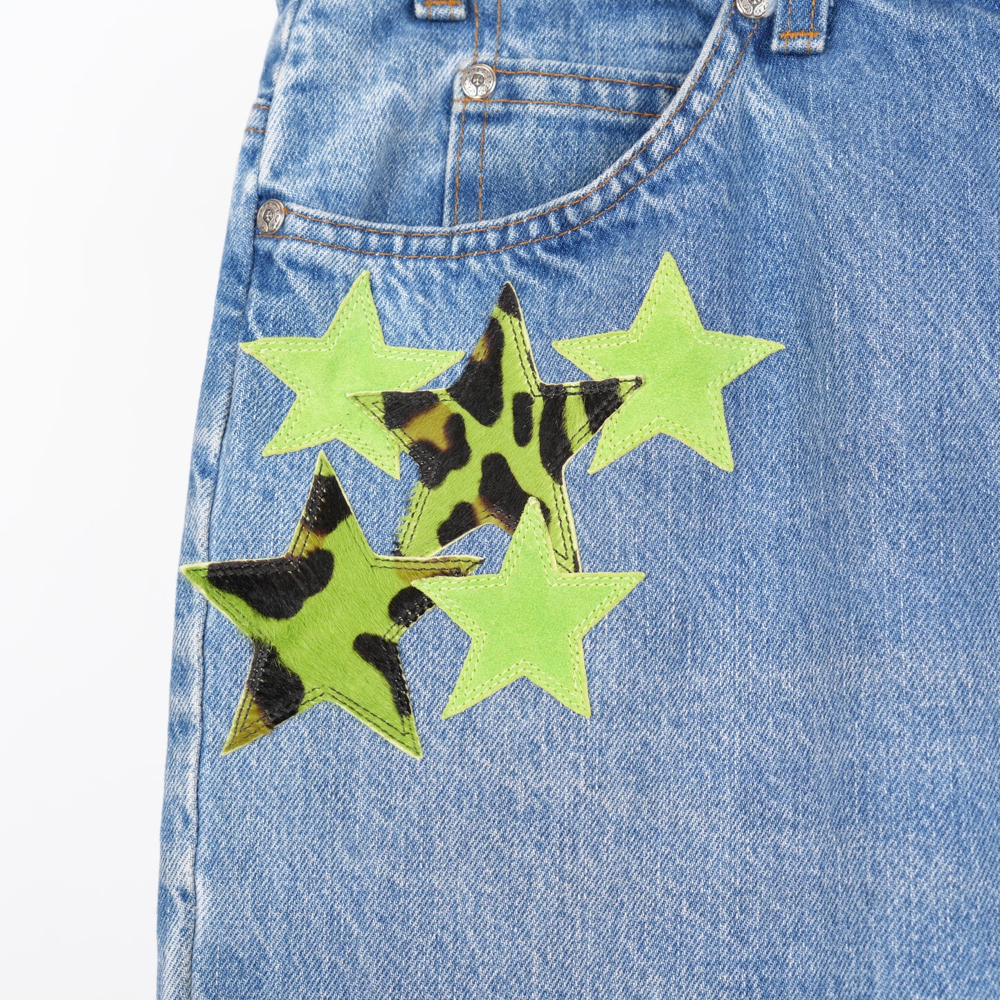 CHROME HEARTS ST BARTH'S GREEN CHEETAH STAR PATCH LEVIS DENIM