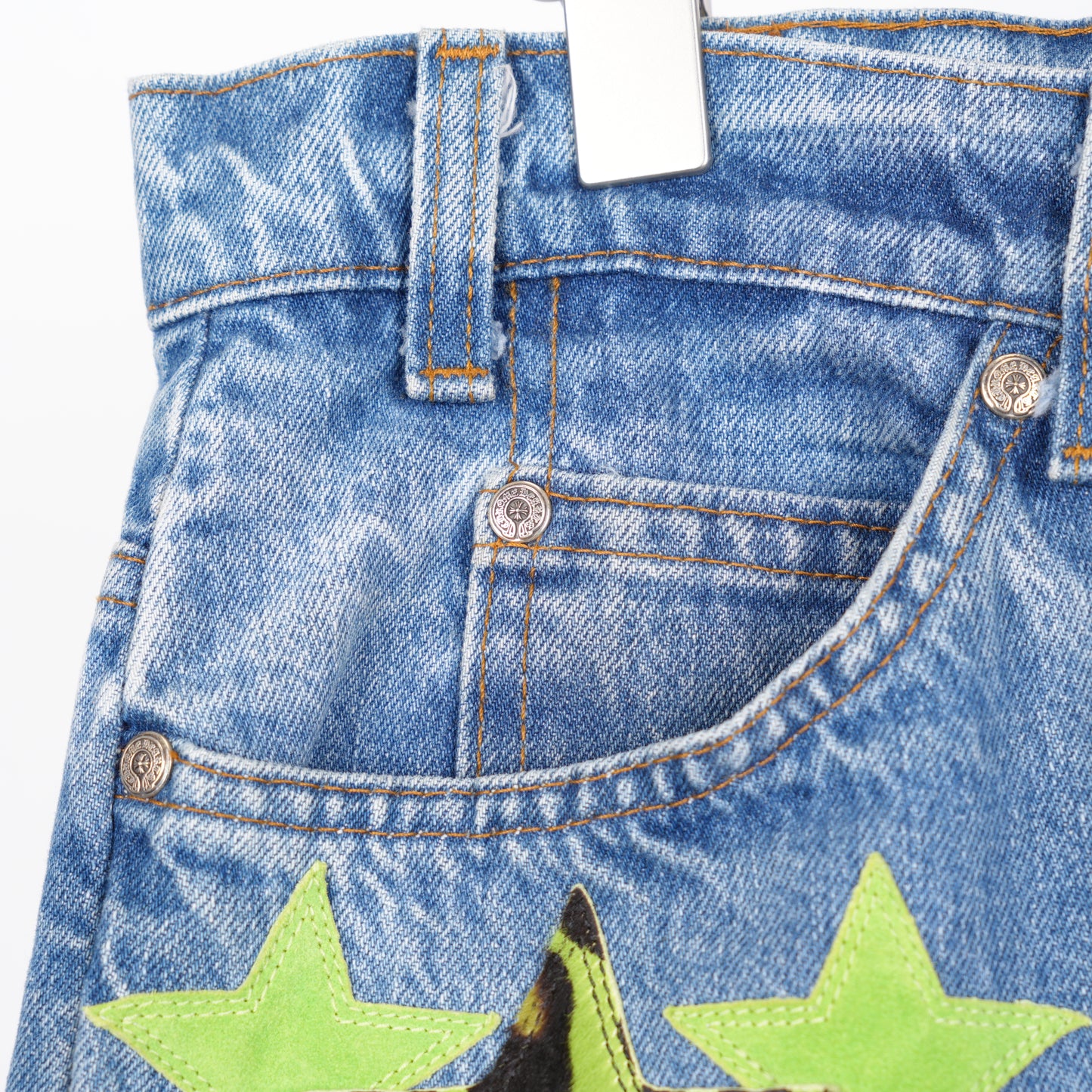 CHROME HEARTS ST BARTH'S GREEN CHEETAH STAR PATCH LEVIS DENIM
