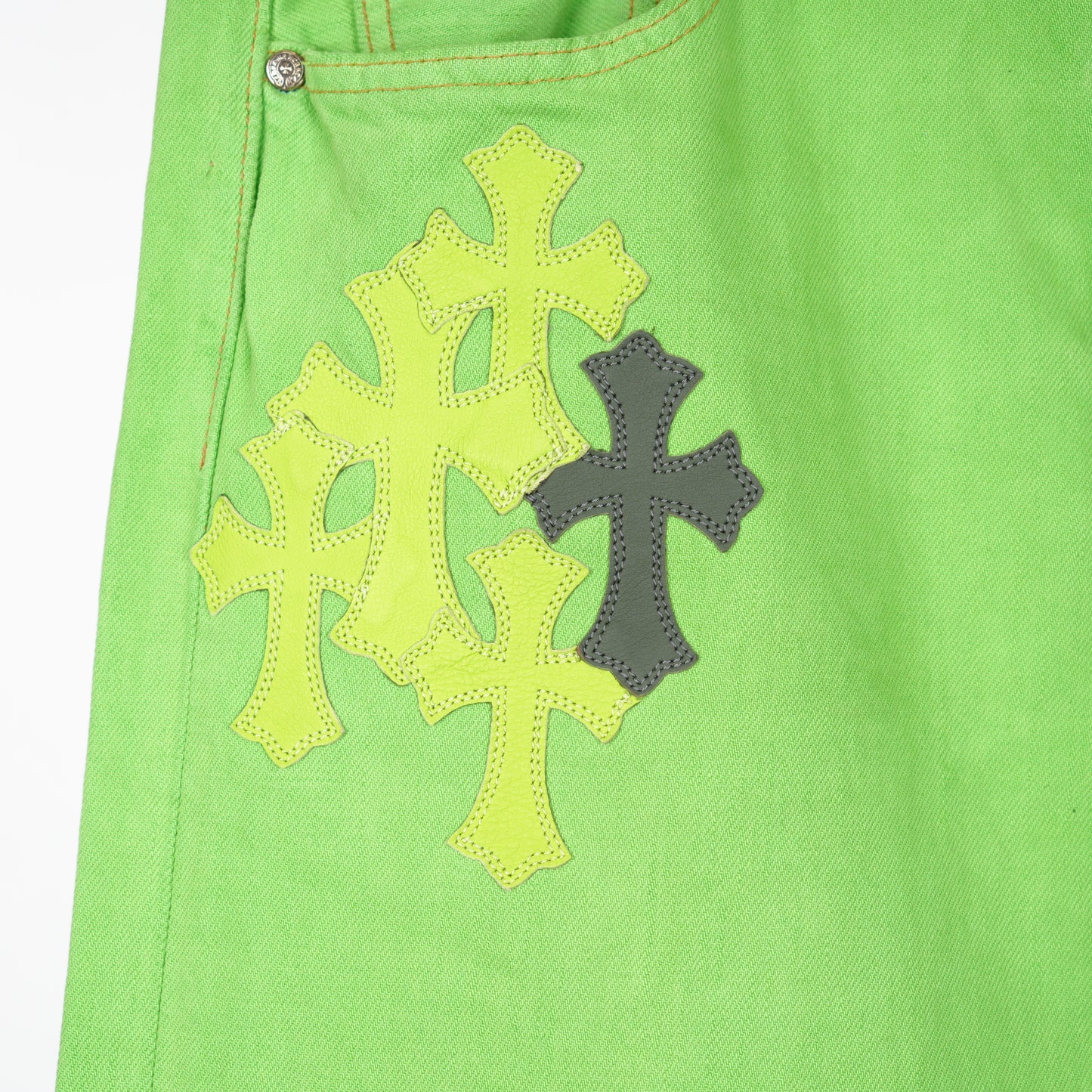 CHROME HEARTS GREEN SEX RECORDS CROSS PATCH DENIM