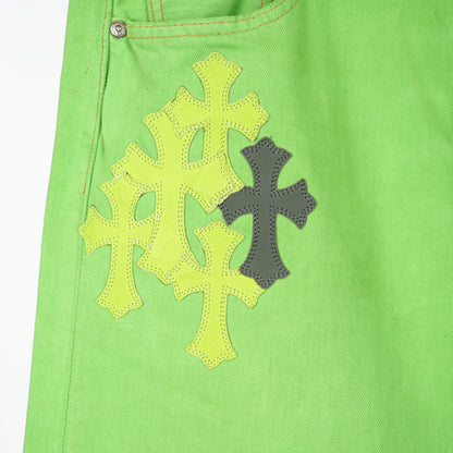 CHROME HEARTS GREEN SEX RECORDS CROSS PATCH DENIM