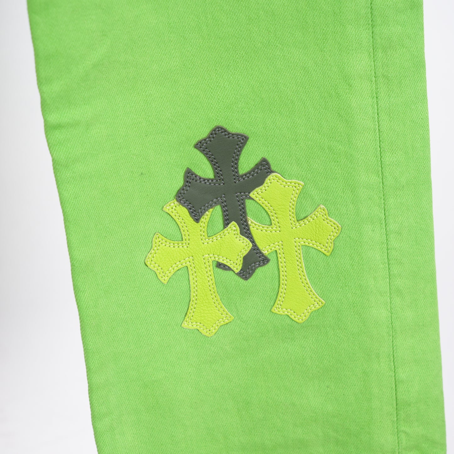 CHROME HEARTS GREEN SEX RECORDS CROSS PATCH DENIM