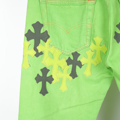CHROME HEARTS GREEN SEX RECORDS CROSS PATCH DENIM
