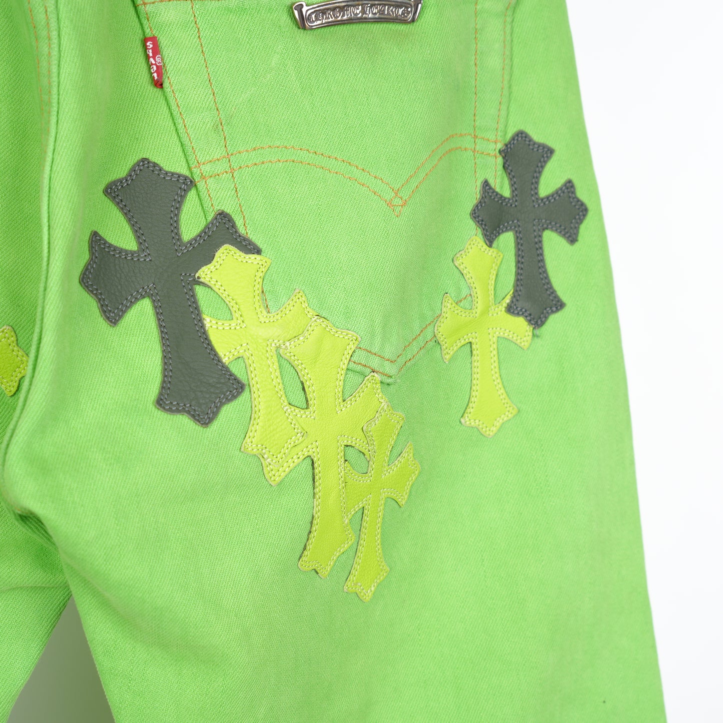 CHROME HEARTS GREEN SEX RECORDS CROSS PATCH DENIM