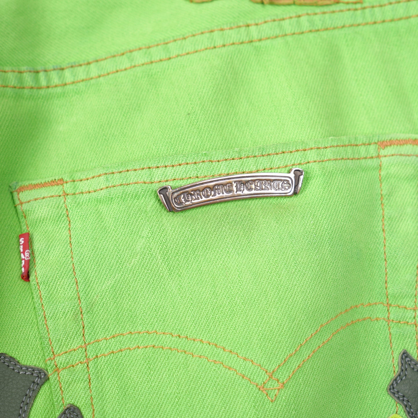 CHROME HEARTS GREEN SEX RECORDS CROSS PATCH DENIM