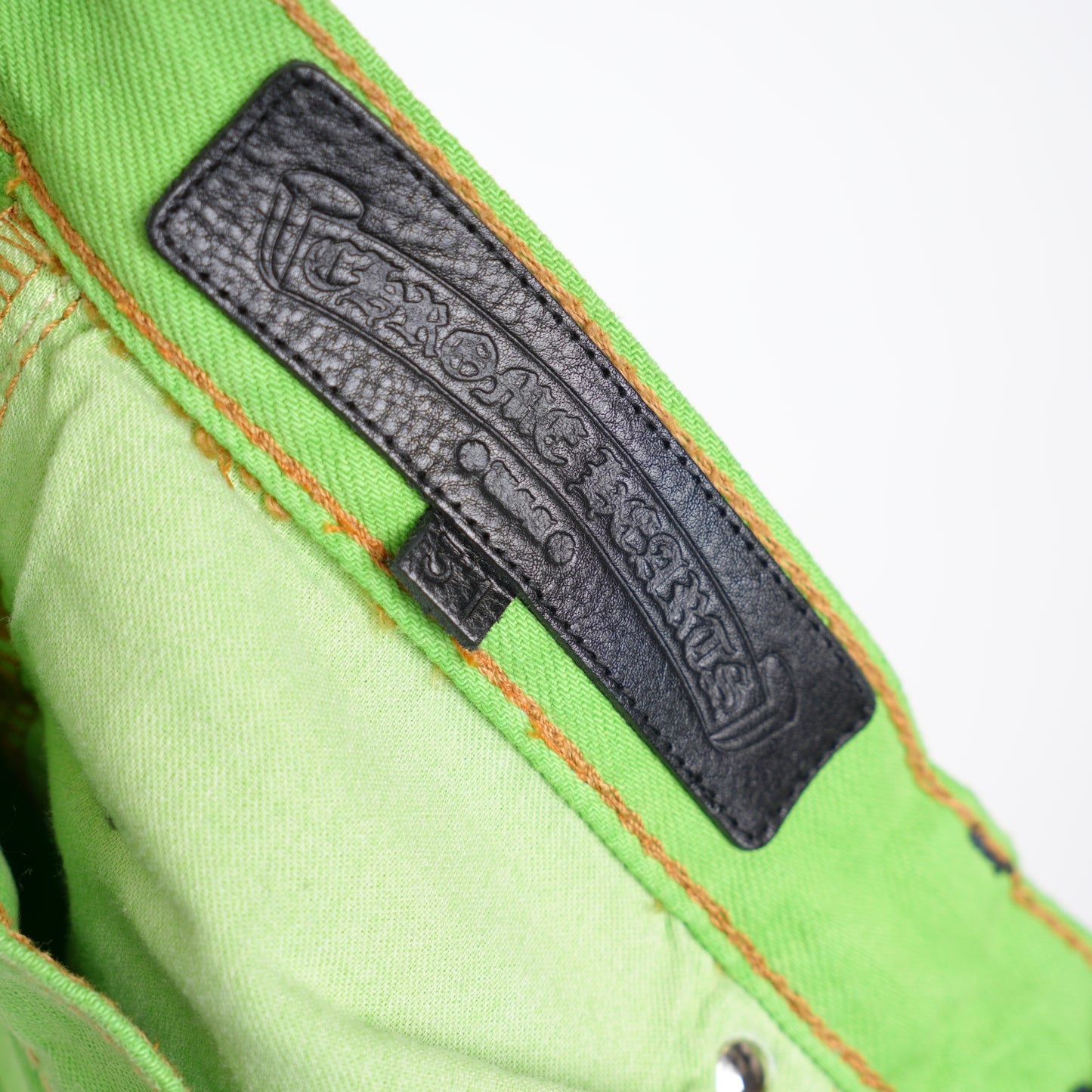 CHROME HEARTS GREEN SEX RECORDS CROSS PATCH DENIM