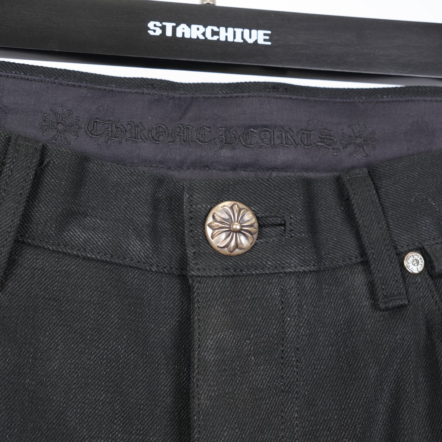 CHROME HEARTS FLEUR KNEE BLACK DENIM SZ 36