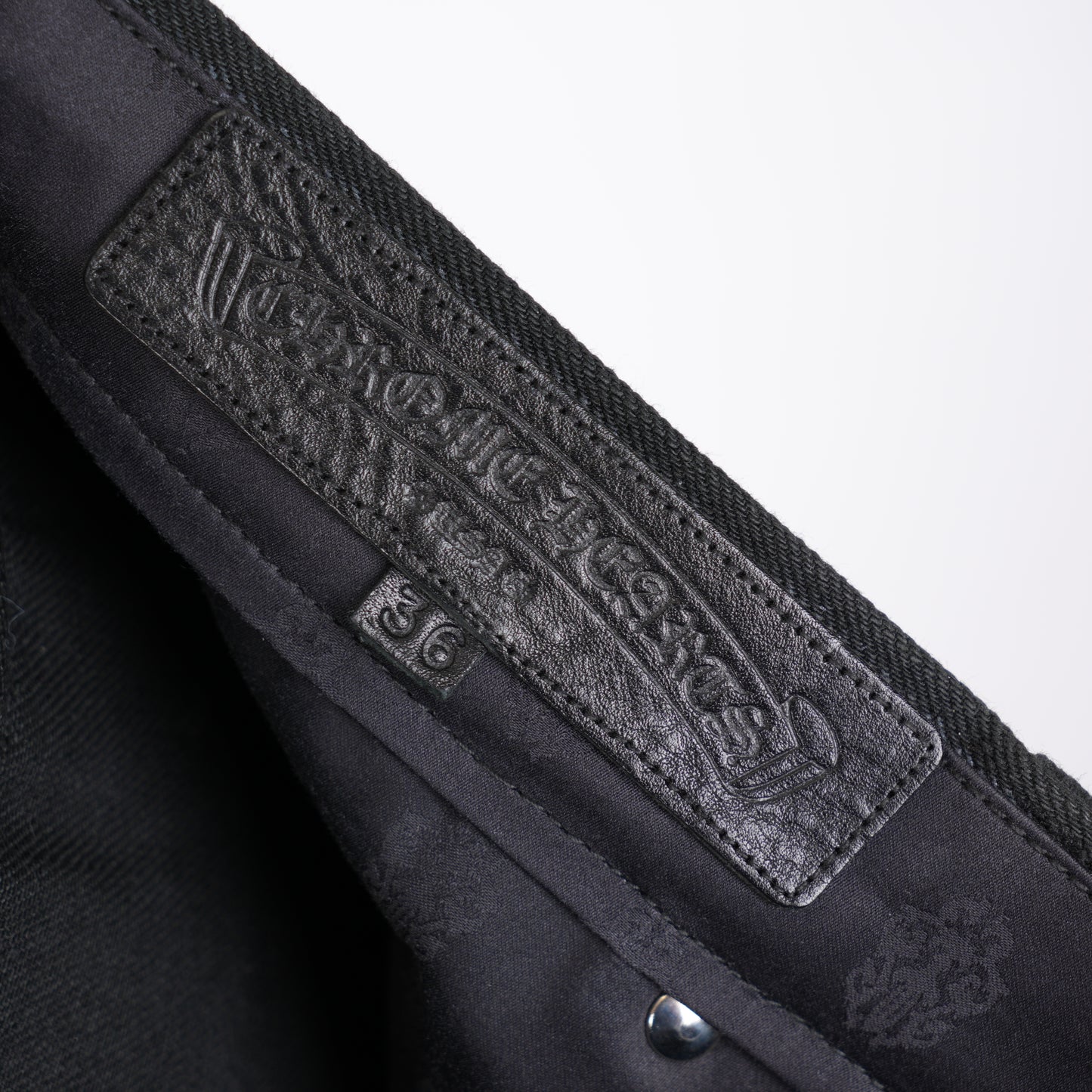 CHROME HEARTS FLEUR KNEE BLACK DENIM SZ 36